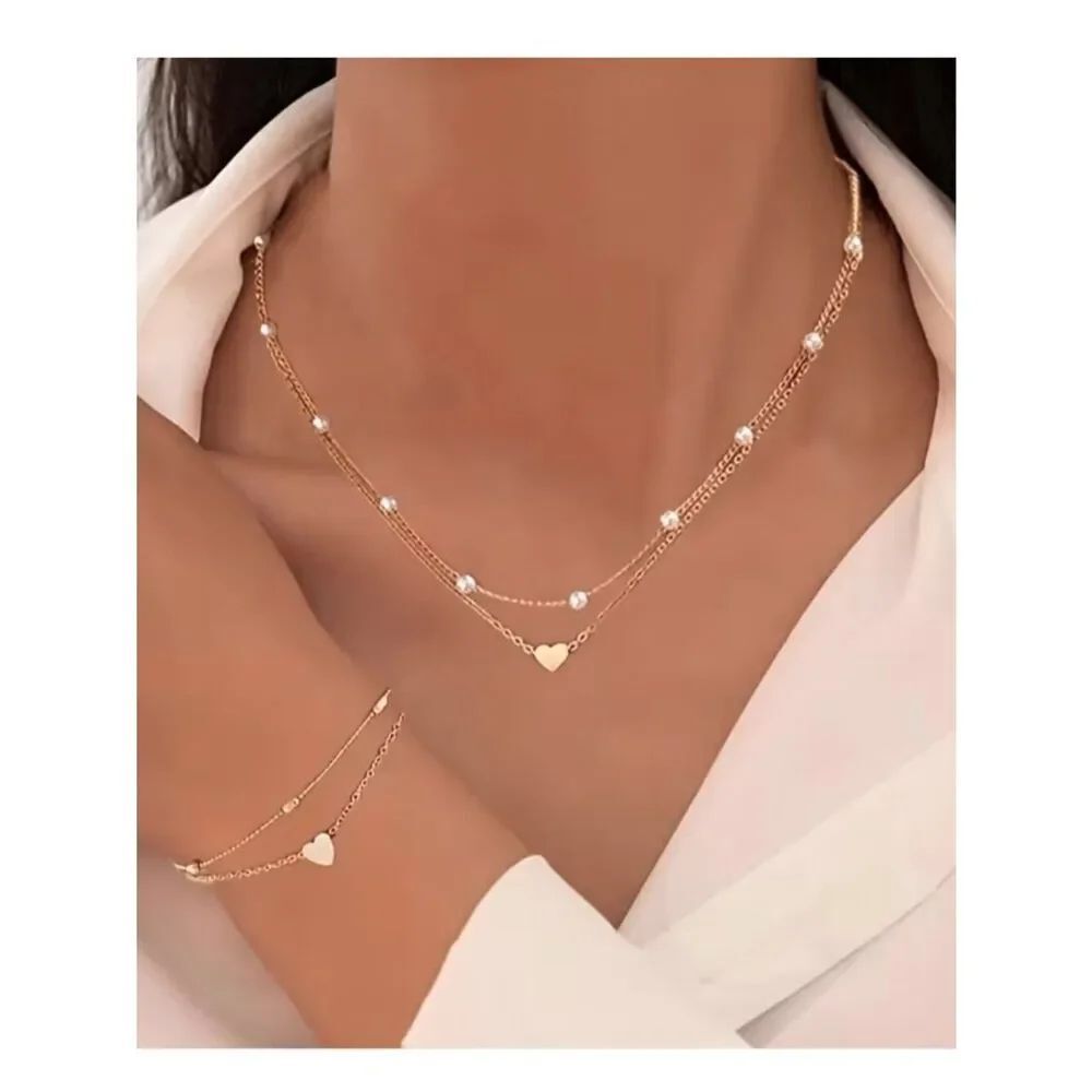 NWT Minimalist 2pc Rose Gold Necklace Bracelet Set Layered Imitation Pearl